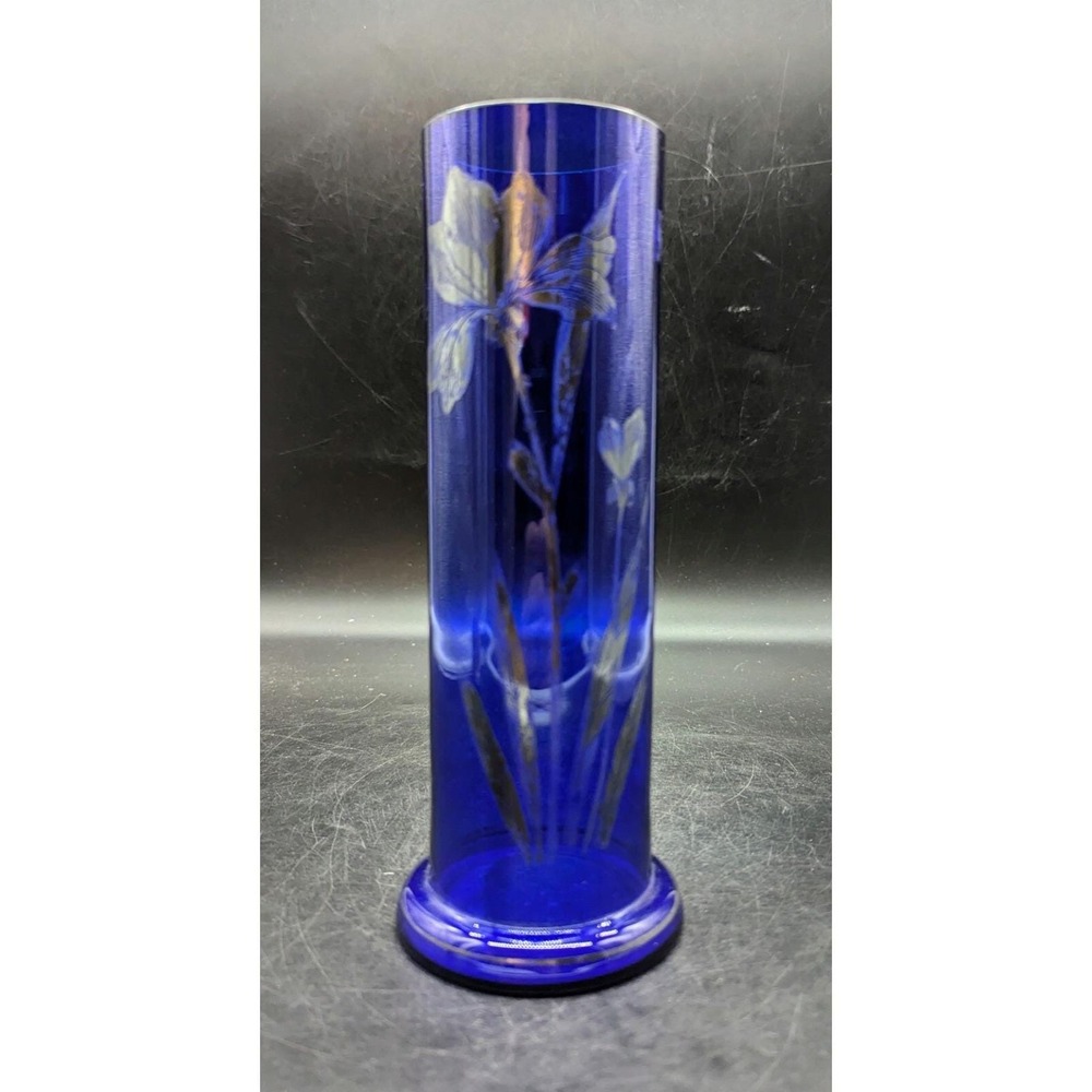 Vintage Czech Art Nouveau Cobalt Art Glass Vase Silver Overlay Flower Iris 9"